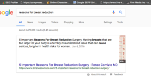 Screenshot of search results for reasons for breast reduction.