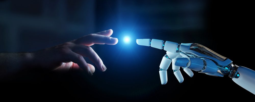 Image of robot hand and human hand pointing to each other for the blog Artificial Intelligence Accessibility.