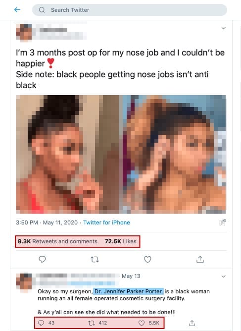 When a user posted about her rhinoplasty, she began a conversation that got over 8.3 thousand comments and retweets. The user named our client and because of how much exposure this tweet got, she received over 100 requests for rhinoplasty consultations in one day. Some were even from the UK!