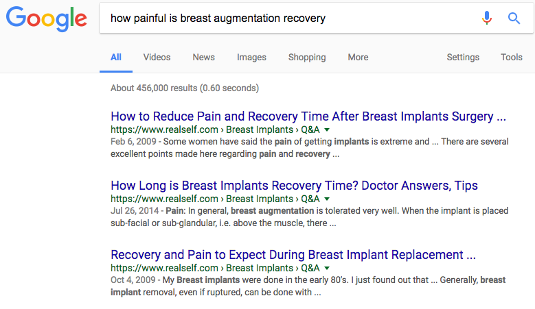 Screenshot of search results for "how painful is breast augmentation recovery"